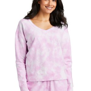 Port & Company – Damen-Sweatshirt, Beach Wash, Wolken-Batikmuster, V-Ausschnitt – LPC140V