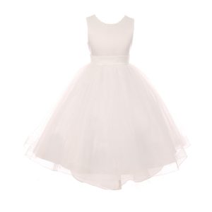 RainKids elfenbeinfarbenes Blumenmädchenkleid aus Satin und Tüll mit Perlen und Vokuhila-Saum, Größen 2–6