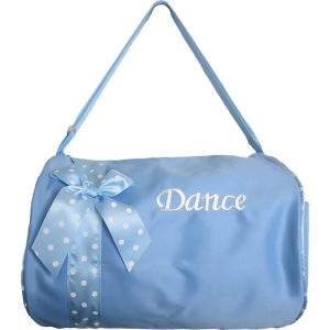 Blaue Mädchen-Tanztasche mit Punkten, Bandverzierung und „Dance“-Stickerei