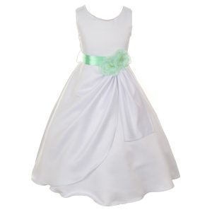 Festliches Mädchenkleid aus mattem Satin mit Paillettenblumen – Weiß/Mint, 8–14