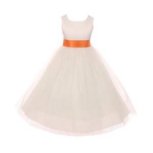 Elfenbein-orangefarbenes Blumenmädchenkleid aus Tüll mit Satinbindegürtel und Schleife, Größen 2–6