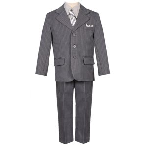 Grauer fünfteiliger Jungen-Festanzug mit Nadelstreifen, Weste, Jacke und Hose, Größen 2–7