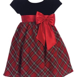 Mädchen-Weihnachtskleid aus Samt und kariertem Taft mit Schleife – Rot/Schwarz, Größen 2T–10