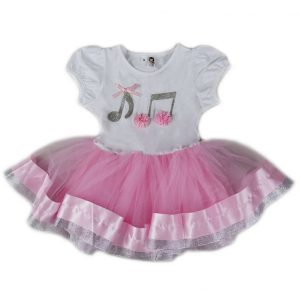 Rosa-weißes Mädchen-Geburtstagskleid mit silbernen Musiknoten, S (9–24 M)–XL (6–8)