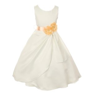 Little Flowers Occasion 2-6 Kleid – matter Satin, Pailletten, Brautstil, Mädchen, Elfenbein, Pfirsichfarben
