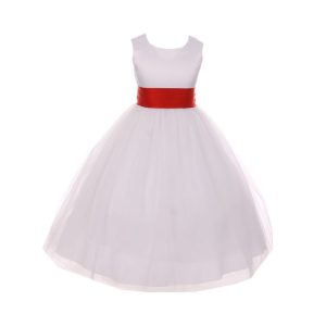 Weiß-rotes Kleid für junge Brautjungfern aus Tüll mit Satinbindegürtel und Schleife, Größen 8–14