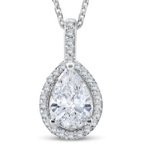 Halskette mit Halo-Diamantanhänger im Tropfenschliff, im Labor gezüchtet, 1 1/4 ct, 14 K Weißgold