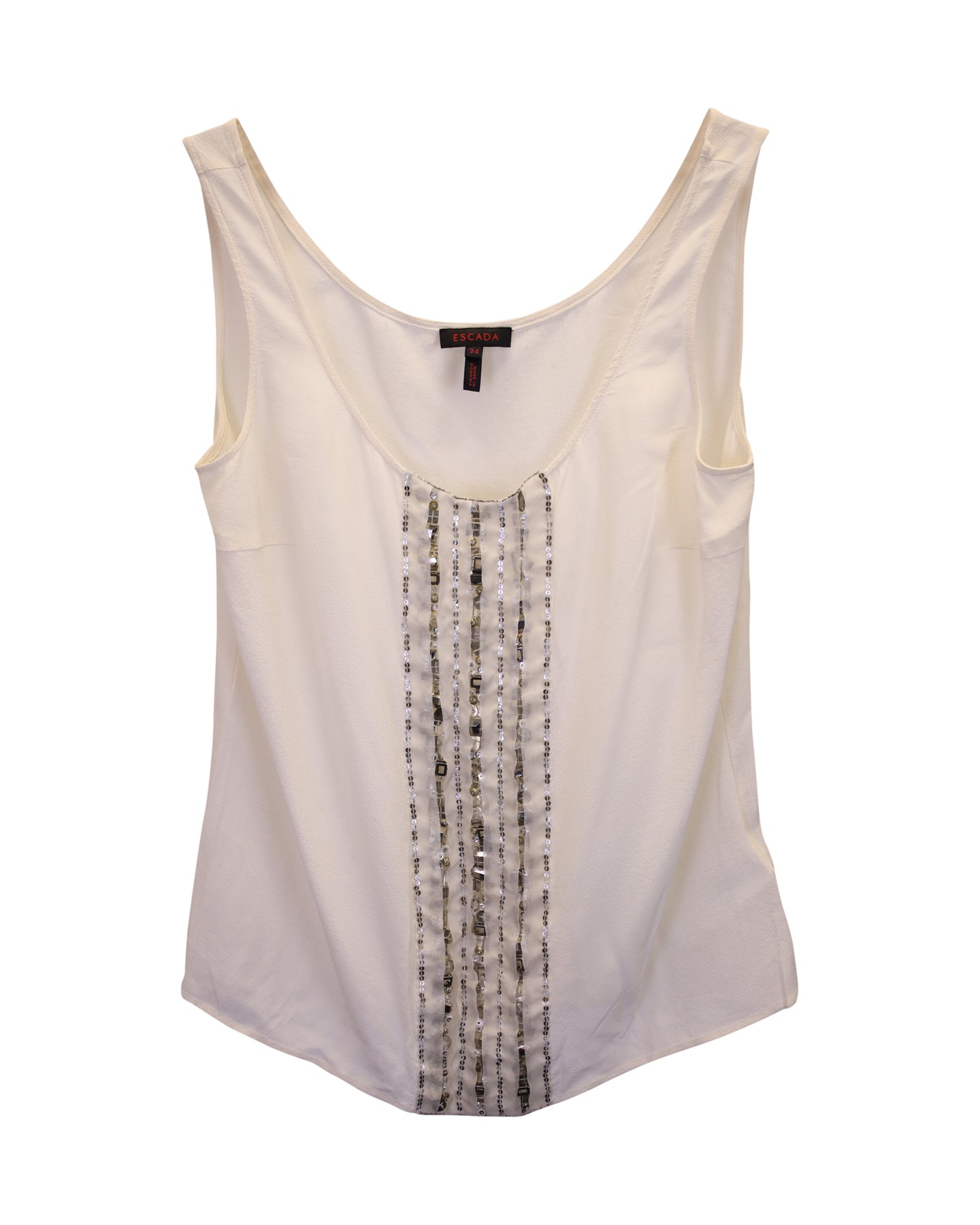 Escada Top – Seide, ärmellos, mit Pailletten, Weiß – 7748641259580