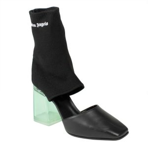 Sock-Stiefeletten mit Cut-outs und Plexiglasabsatz – Schwarz/Grün