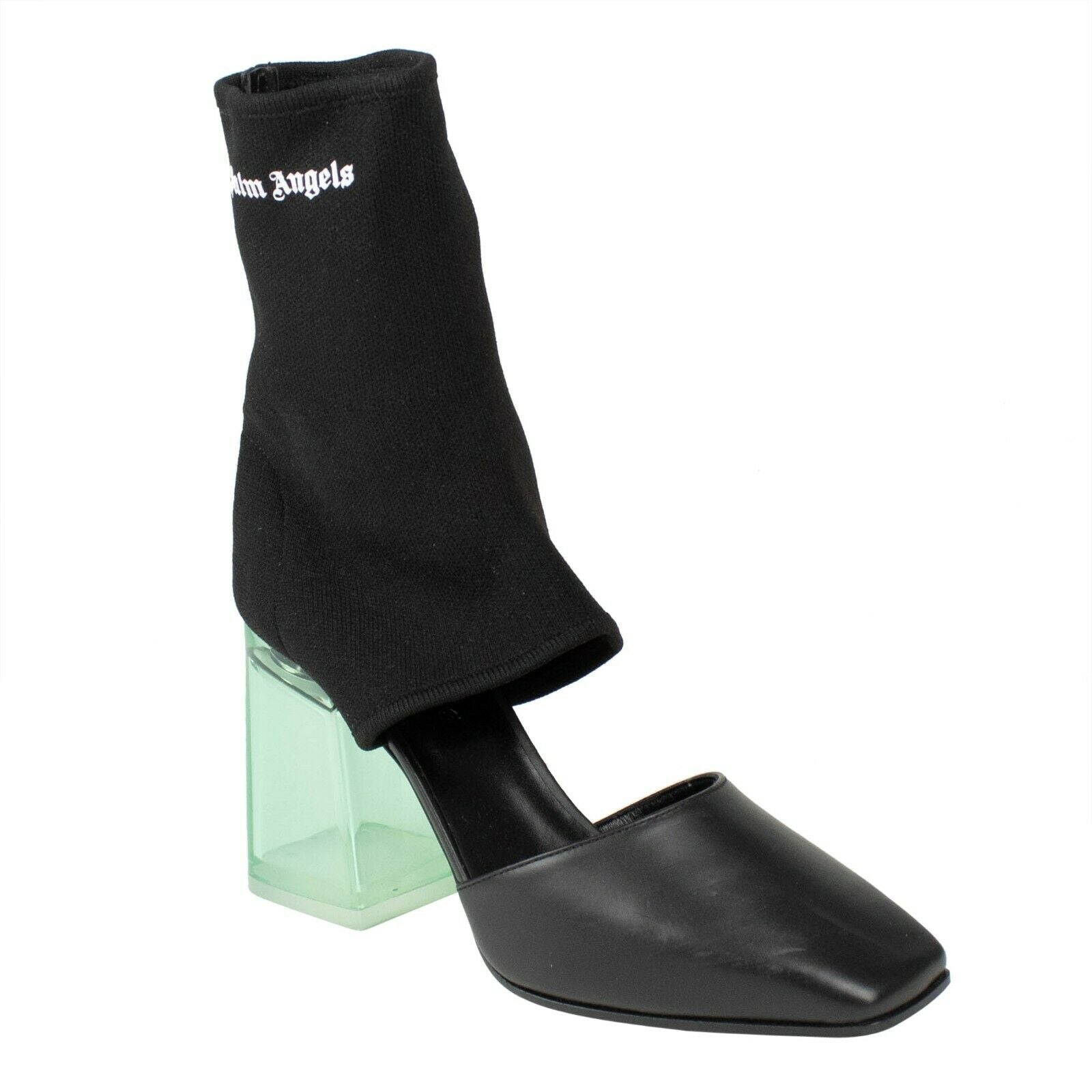 Sock-Stiefeletten mit Cut-outs und Plexiglasabsatz – Schwarz/Grün