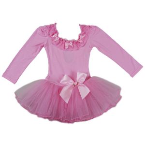 Rosa Mädchen-Ballettkleid mit Spitzenbesatz, Schleifen und langen Ärmeln, S (9–24 M)–XL (6–8)