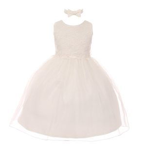 Elfenbeinfarbenes Blumenmädchenkleid mit Blumenbesatz und Organza-Überlage, Größen 2–4T