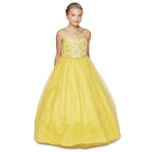 Gelbes bodenlanges Mädchen-Festkleid aus Glitzertüll mit Kristallbesatz, Größen 8–16
