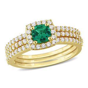 Mimi & Max dreiteiliges Brautring-Set aus gelbfarbenem Silber mit synthetischen Smaragden und weißen Saphiren – 1 1/2 ct TGW