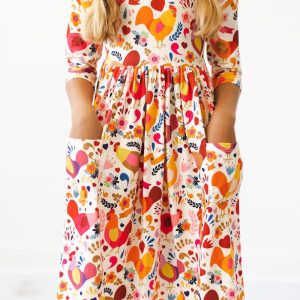 Little Hen Kleid mit schwingendem Rock – 3/4-Ärmel, Taschen, Rot