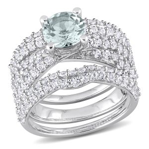 Mimi & Max Brautring-Set aus Sterlingsilber mit Aquamarin und synthetischen weißen Saphiren – 3 3/4 ct TGW