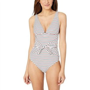 Sport Stripe gerippter Badeanzug mit Bindeband an der Taille – Weiß/Mehrfarbig