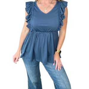 Before Now Babydoll-Top mit Rüschen in Marineblau