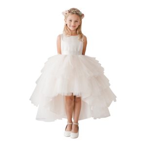 Elfenbeinfarbenes Junior-Brautjungfernkleid mit mehrstufigem Rüschen-Tutu und Vokuhila-Saum – Größen 8–16