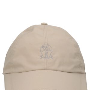 Brunello Cucinelli Herrenhut mit Logostickerei und rotem Besatz – Beige