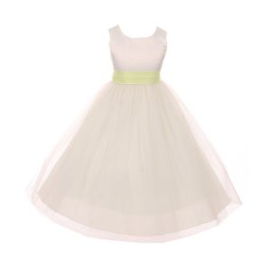 Elfenbein-limettenfarbenes Blumenmädchenkleid aus Tüll mit Satinbindegürtel und Schleife, Größen 2–6