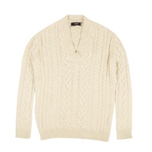 Pullover – V-Ausschnitt, Creme, Strick