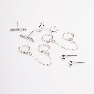 Silberfarbene eng anliegende Kettenohrringe mit Strass, 5er-Pack