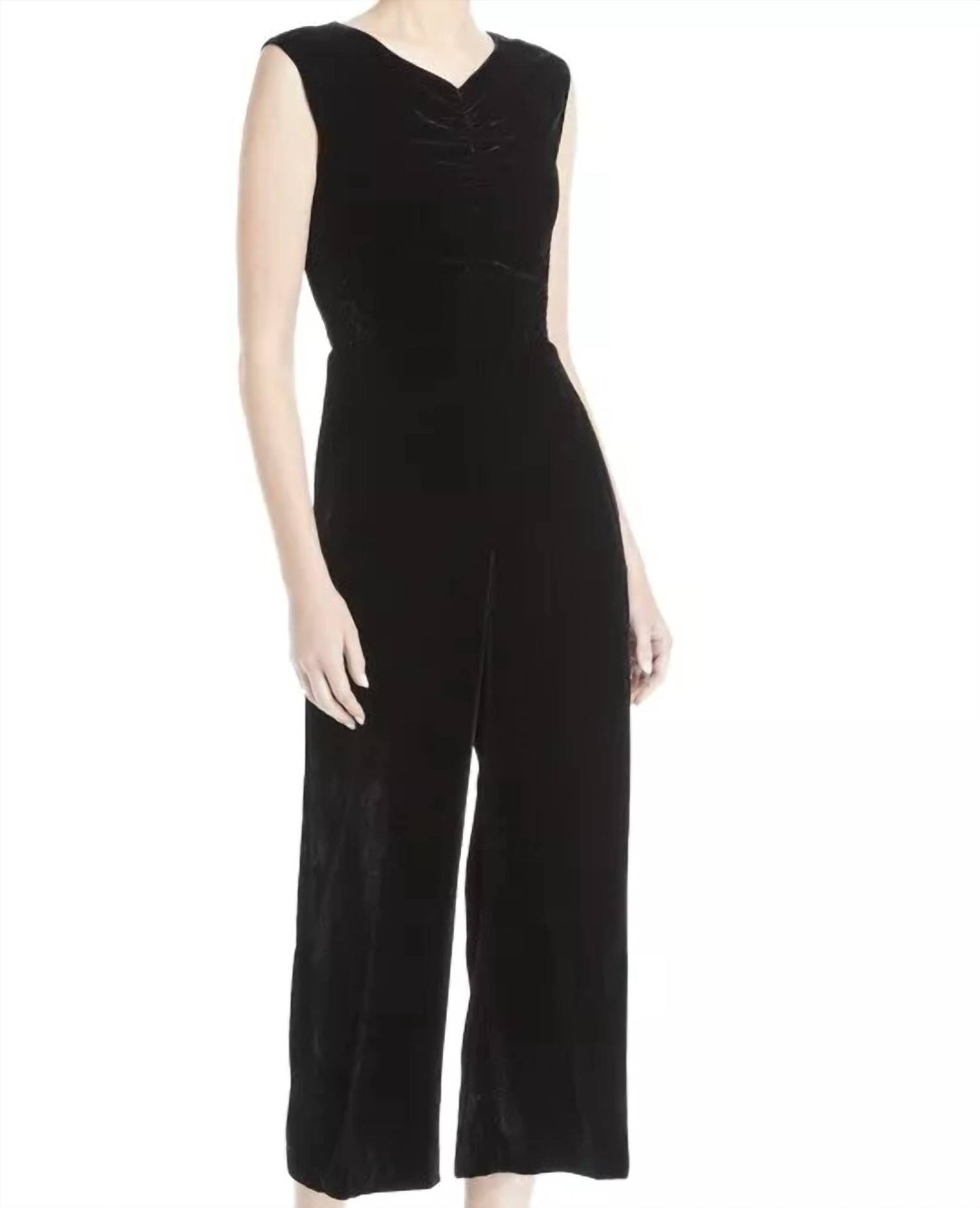 Ärmelloser geraffter Jumpsuit aus Samt – Schwarz – 7733690990652