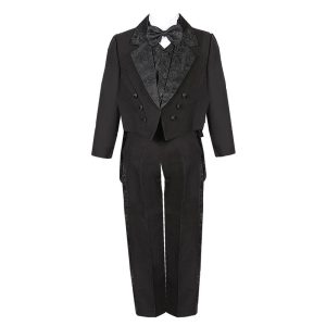 Schwarzer fünfteiliger Jungen-Jacquard-Smokinganzug mit Weste, Hose und Frackjacke, Größen 2–7