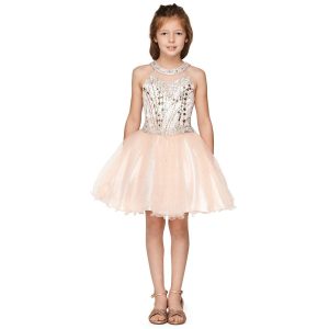 Mädchen-Party- und Brautjungfernkleid mit transparentem Ausschnitt und Strass, Größe 12