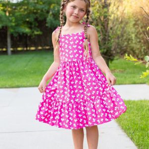 Rosa Mädchen-Baumwollkleid mit Kätzchenprint und Schulterbändern, Größen 2–14