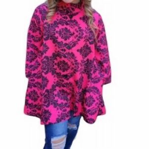 Jacke – Damastmuster, Pink, Schwarz, weit schwingender Schnitt