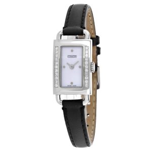 Coach Damen-Armbanduhr mit weißem Perlmutt-Zifferblatt und schwarzem Lederarmband