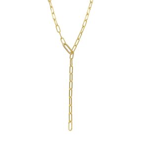Lariat-Halskette in Paperclip-Kettenform mit verstellbarem Kristallschloss und 14 K Goldvergoldung