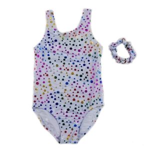 Weißer Mädchen-Turnanzug mit mehrfarbigen Regenbogenpunkten, S (9–24 M)–XL (6–8)