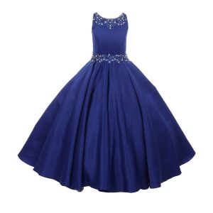 Royalblaues Blumenmädchenkleid aus mattem Satin mit Perlenbesatz und Falten, Größen 4–6