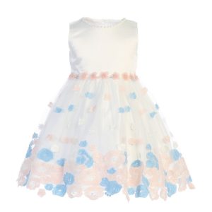 Elfenbein-blaues Blumenmädchenkleid aus Satin und Tüll, Größen 2–4T