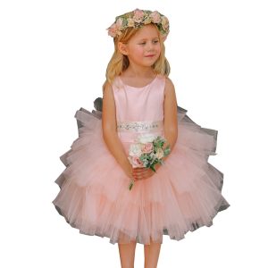 Altrosa Blumenmädchenkleid aus Satin und mehrlagigem Tüll mit abnehmbarem Bindegürtel – Größen 2–6
