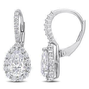 Mimi & Max tropfenförmige Halo-Ohrringe aus Sterlingsilber mit Klappbügel und synthetischem Moissanit – 2 5/8 ct DEW