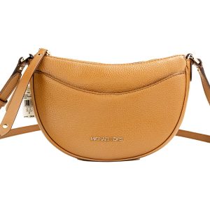 Michael Kors Dover kleine halbmondförmige Damen-Umhängetasche aus genarbtem Leder – Luggage