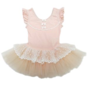 Pfirsichfarbenes Mädchen-Ballettkleid mit Spitze, Schleife und Flatterärmeln, S (9–24 M)–XL (6–8)