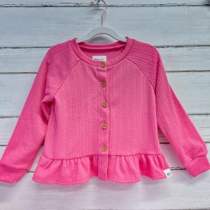 Frühlings-Strickjacke mit Rüschen in Weiß, Rosa und Lavendel
