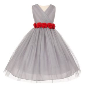 Big Flowers 8-14 Junior-Brautjungfernkleid – Chiffon, Silber, Tüll, Mädchen, Rot