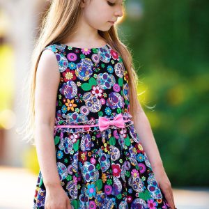 Ärmelloses Mädchen-Sommerkleid aus Baumwolle mit Dia-de-los-Muertos-Print und Schleife, Größen 2–21