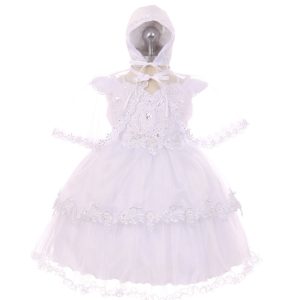 RainKids weißes Baby-Mädchen-Taufkleid aus Organza und Tüll mit Haube und Cape, 3–24 Monate