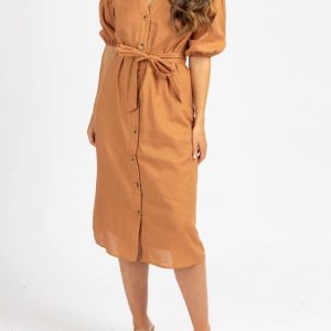 Midikleid mit Kragen und Bindeband an der Taille in Auburn