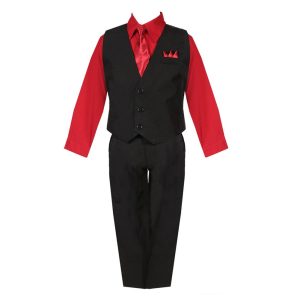 Schwarz-roter fünfteiliger Baby-Jungen-Anzug mit Hemd, Weste, Hose, Krawatte und Einstecktuch, 3–24 Monate
