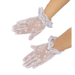 Weiße Mädchen-Handschuhe für Kommunion und Blumenmädchen mit Spitze und Schleife, S (0–3)–L (8–12)