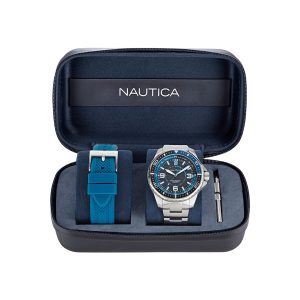 Nautica Koh May Bay Herren-Uhren-Boxset aus Edelstahl und Silikon – 7734267805756