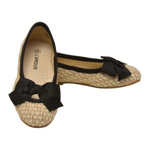 Schwarze Mädchen-Ballerinas in Strohimitat mit Schleife, Kindergrößen 11–4